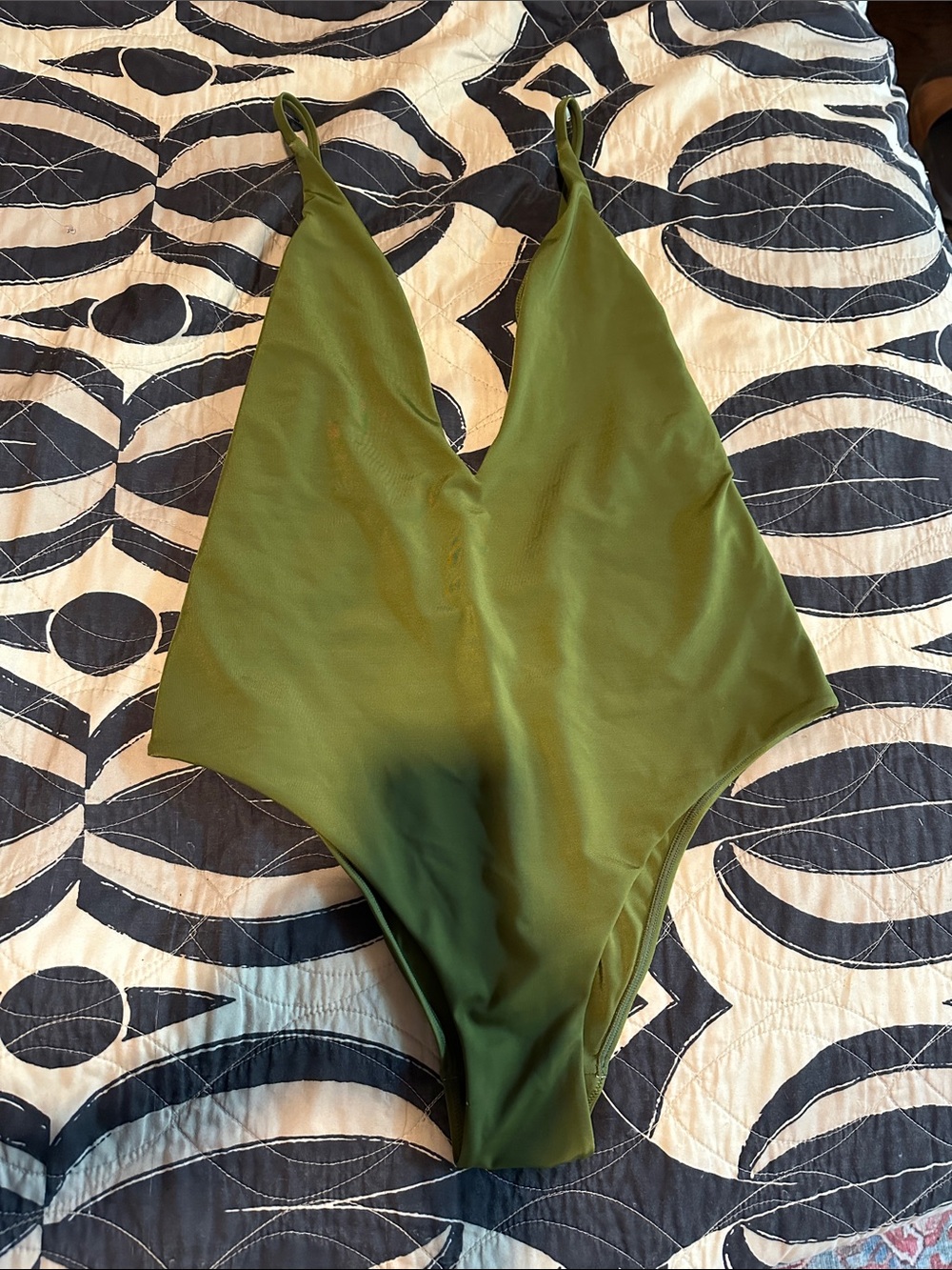 Olive Green V-Neck One-Piece Swimsuit